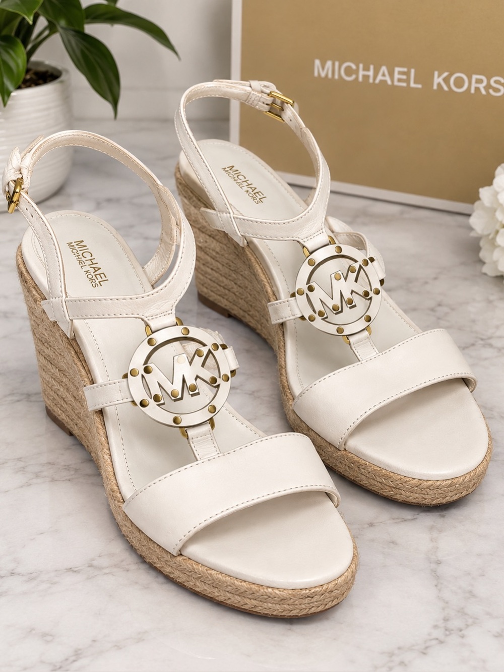 MICHAEL Michael Kors Cream Espadrille Wedge Sandals with Logo Medallion